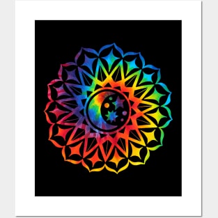 Mandala Moon Stars Rainbow Tie Dye Yoga Design Buddhist Zen Posters and Art